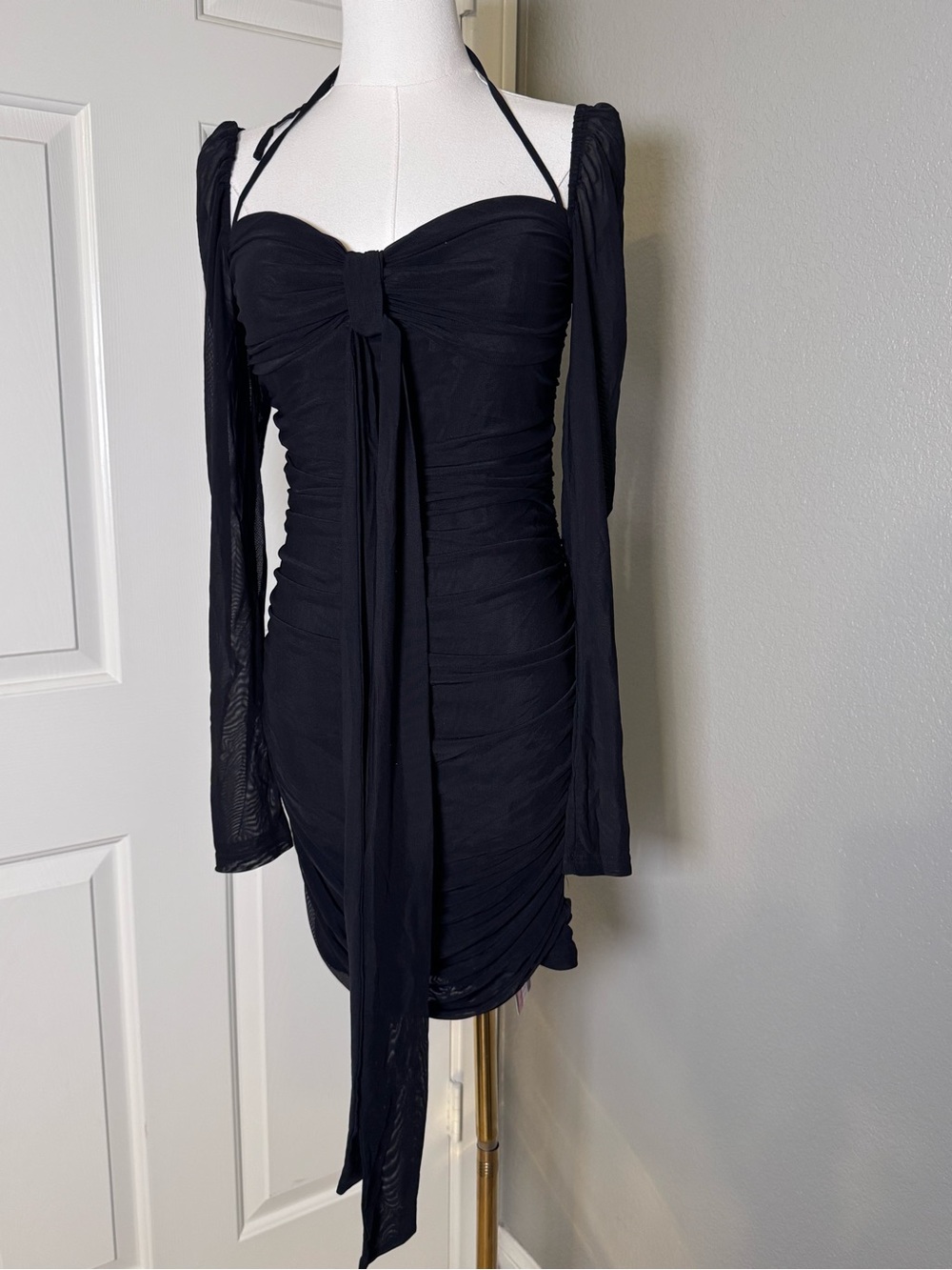 Black Halter Ruched Mini Dress with Long Sleeves